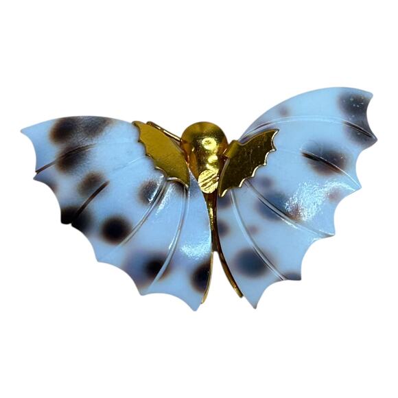 Vintage Shell Butterfly Pin White Brown Gold Tone - Picture 1 of 4